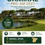 Promotional banner for CAMRAL Pro-Am 2027 at a luxury golf resort in Girona, Spain; €1,899 per person sharing.