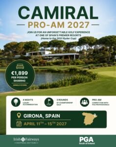 Promotional banner for CAMRAL Pro-Am 2027 at a luxury golf resort in Girona, Spain; €1,899 per person sharing.