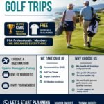 Banner promoting Members' Golf Trips: a couple walks a coastal golf course with prize icons and trip details.