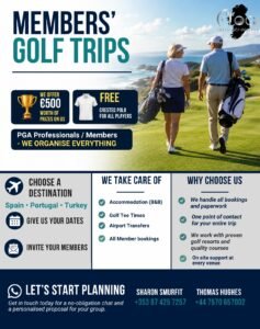 Banner promoting Members' Golf Trips: a couple walks a coastal golf course with prize icons and trip details.