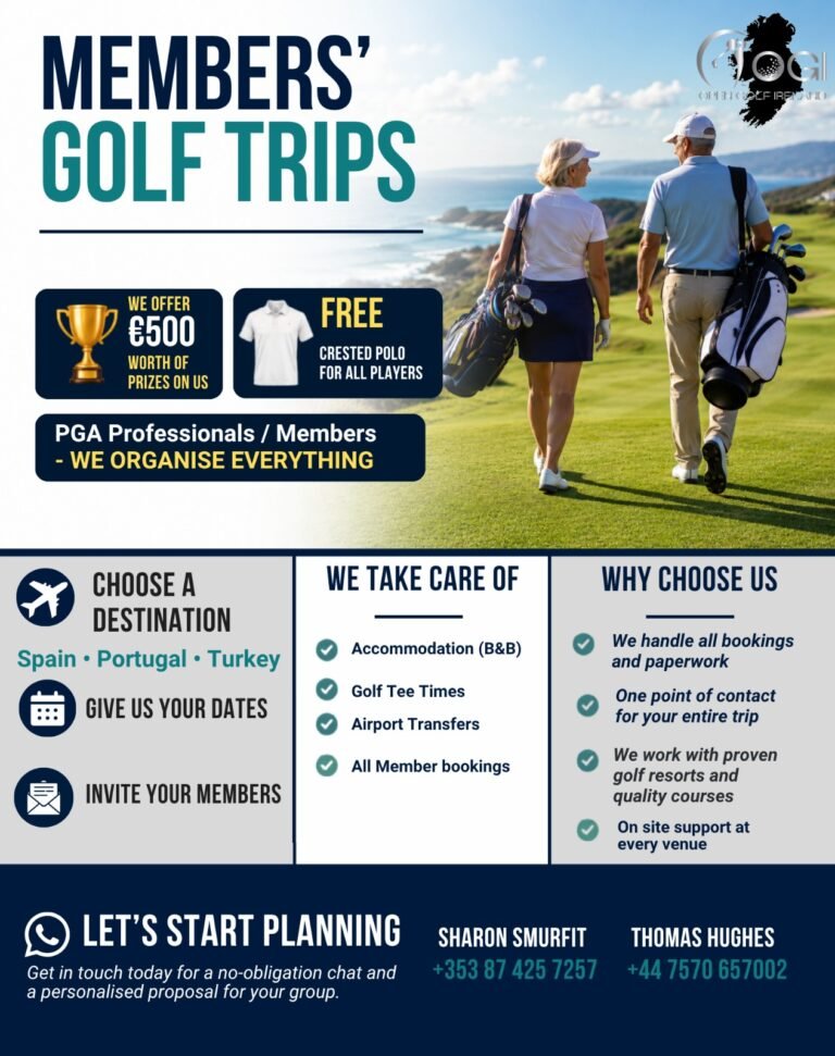 Banner promoting Members' Golf Trips: a couple walks a coastal golf course with prize icons and trip details.