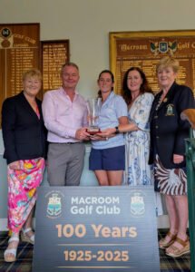 Presentation of Macroom Ladies Centenary Senior Scratch Cup 2025 Left to right Lady Captain Margaret Keating John OShea Sponsor Paula Walsh winner Ber OShea Sponosr Lady President Geraldine Galvin - Talk Golf Ireland