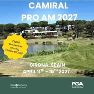 Promotional poster for Camiral Pro-Am 2027 in Girona, Spain, April 11–15, 2027, with a yellow price badge and sponsor logos.