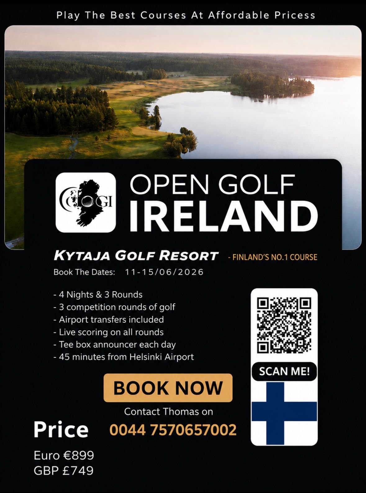 Aerial view of a golf course along a lake with trees and greens, overlaid by a black promotional banner for Open Golf Ireland at Kytaja Golf Resort.