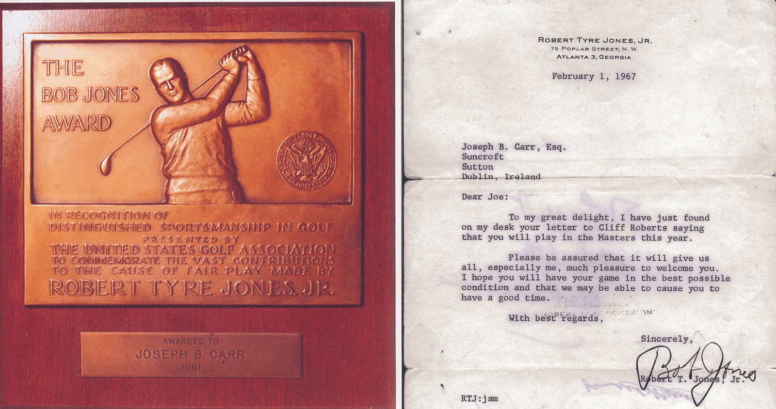 JB-Carr-Bobby-Jones-Award-and-Letter - Talk Golf Ireland