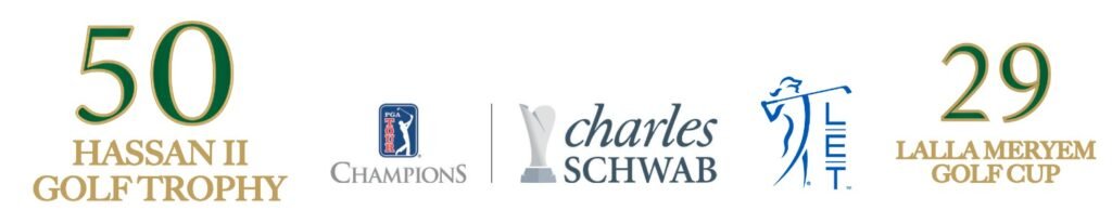 Collage of golf tournament logos: 50 Hassan II Golf Trophy on the left and 29 Lalla Meryem Golf Cup on the right, with Champions, Charles Schwab, and LET logos in the middle.