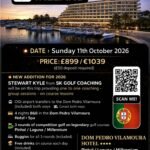 Promotional poster for Open Golf Ireland trip with sunset marina view, hotel, date October 11, 2026, price £899/€1039, and a QR code labeled 'SCAN ME'