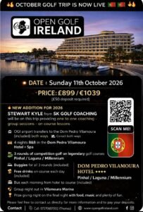 Promotional poster for Open Golf Ireland trip with sunset marina view, hotel, date October 11, 2026, price £899/€1039, and a QR code labeled 'SCAN ME'