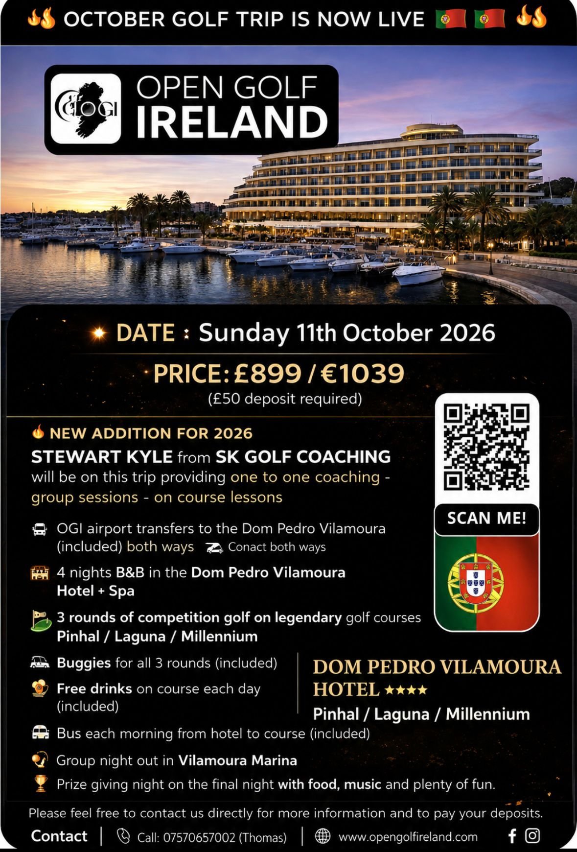 Promotional poster for Open Golf Ireland trip with sunset marina view, hotel, date October 11, 2026, price £899/€1039, and a QR code labeled 'SCAN ME'