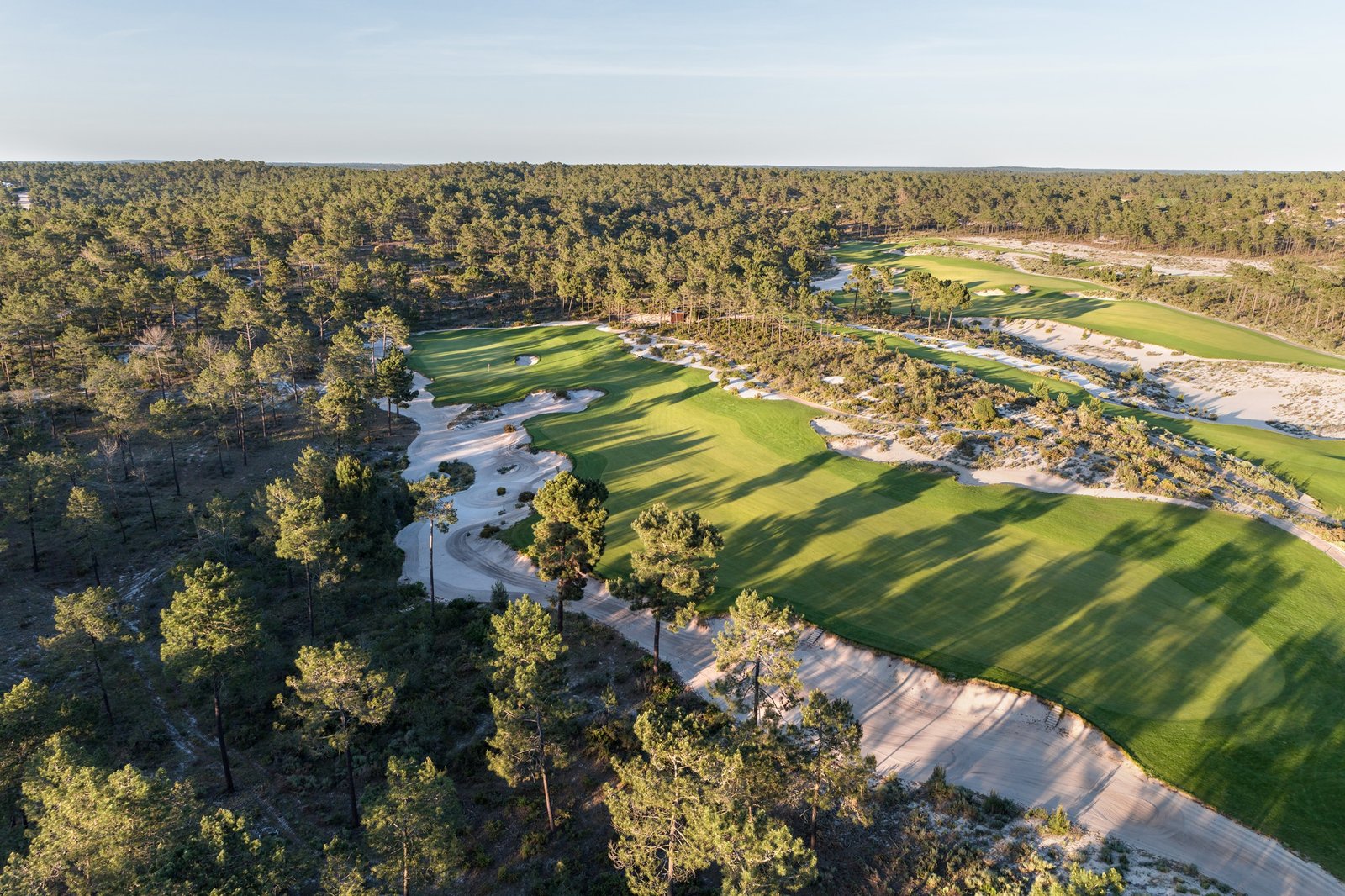 Aerial view of a golf course winding through a pine forest, with greens and sandy bunkers visible in the fairways and rough terrain nearby.