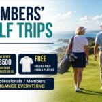 Promotional banner for Members’ Golf Trips: two golfers on a sunny course; €500 prizes, free polo, and trips organized by PGA professionals.