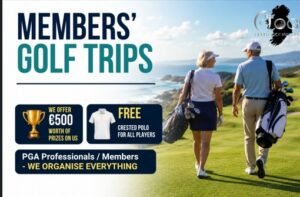 Promotional banner for Members’ Golf Trips: two golfers on a sunny course; €500 prizes, free polo, and trips organized by PGA professionals.