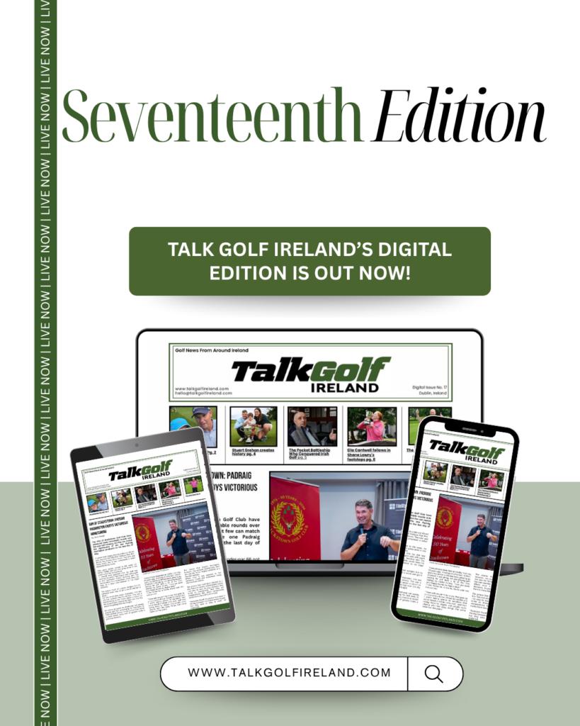 Promotional image for Talk Golf Ireland's Seventeenth Edition featuring devices showing the digital edition on tablet, laptop, and phone with a search bar at bottom.