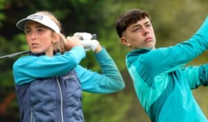 Two young golfers following through after tee shots