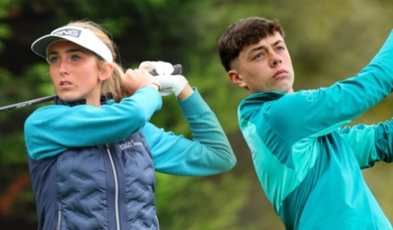 Two young golfers following through after tee shots
