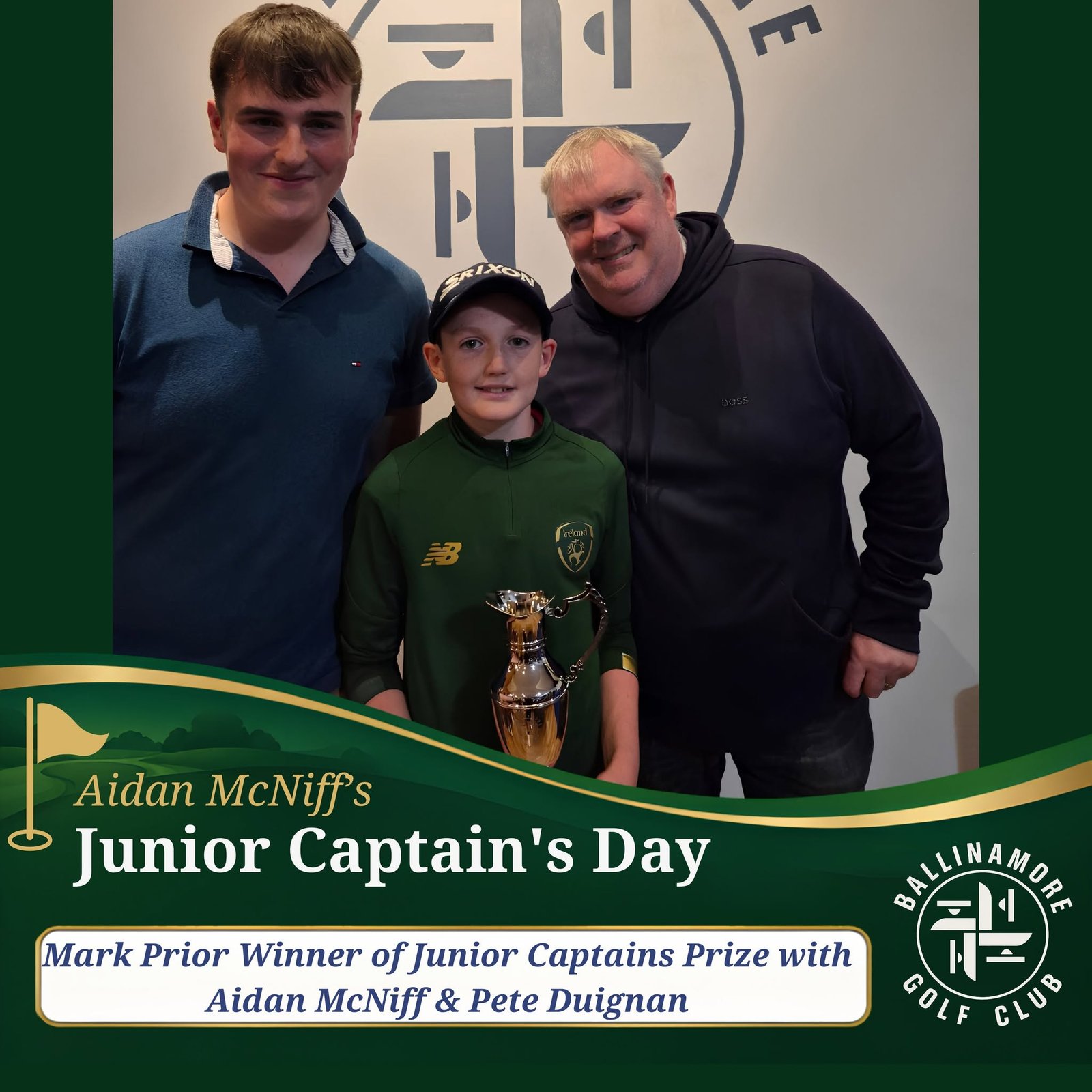 Mark Prior with Junior Captain Aidan McNiff and Pete Duignan at Ballinamore Golf Club.