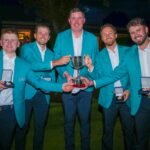 David Kitt, Keith Egan, Damien Coyne, Gerard Dunne and David Howard celebrate Ireland's European Mid-Amateur Men's Team Championship victory.
