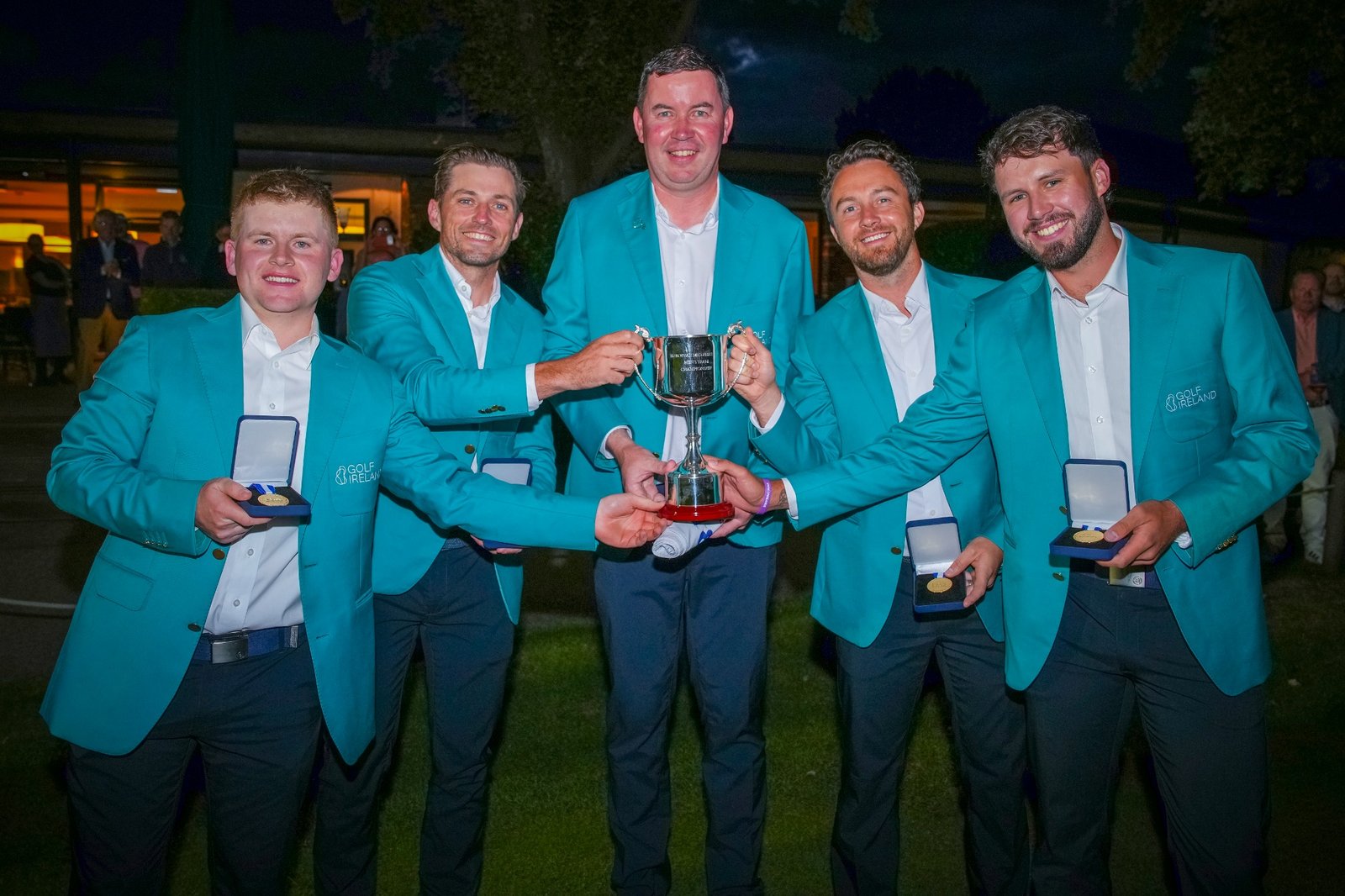 David Kitt, Keith Egan, Damien Coyne, Gerard Dunne and David Howard celebrate Ireland's European Mid-Amateur Men's Team Championship victory.
