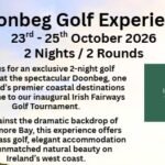 Poster advertising the Doonbeg Golf Experience, October 23–25, 2026, 2 nights and 2 rounds, with a logo for Irish Fairways.