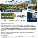 Promotional banner for Golf Trip 2027 to La Manga Club, Spain, with dates and resort image.