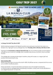 Promotional banner for Golf Trip 2027 to La Manga Club, Spain, with dates and resort image.