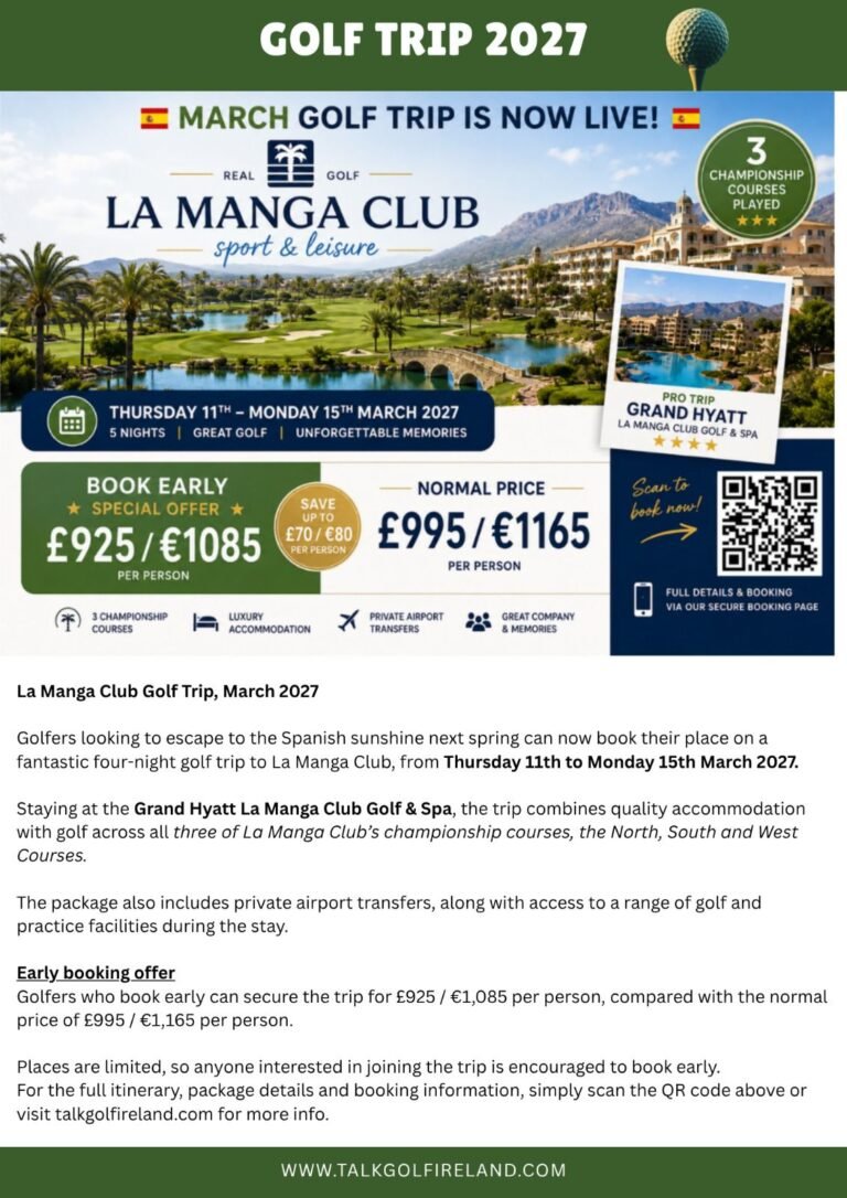 Promotional banner for Golf Trip 2027 to La Manga Club, Spain, with dates and resort image.