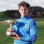 Patrick Curran with the Irish Intervarsity Championship trophy at Kirkistown Castle