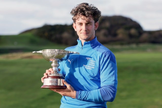 Patrick Curran with the Irish Intervarsity Championship trophy at Kirkistown Castle