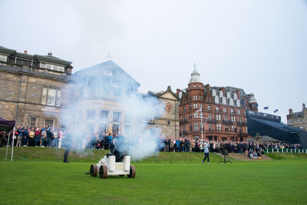 Claire Dowling 2 - Talk Golf Ireland Claire Dowling hits her opening drive on the Old Course as the ceremonial cannon fires