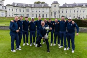 The GB&I team with the PGA Cup trophy outside The K Club