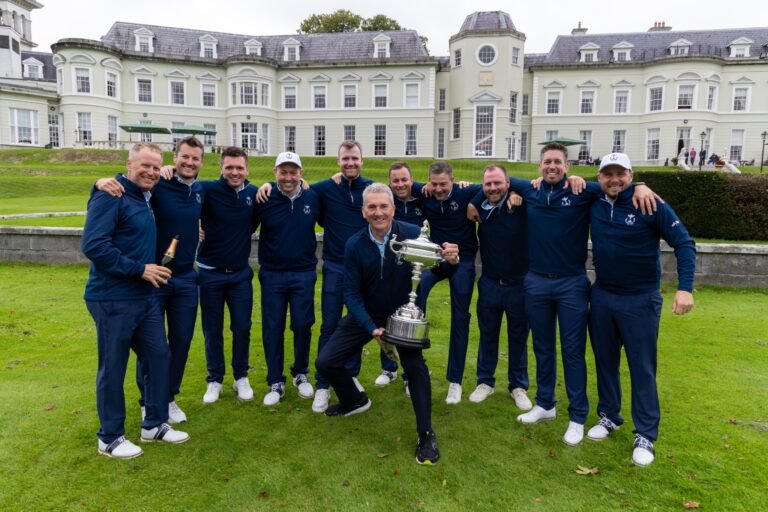 The GB&I team with the PGA Cup trophy outside The K Club