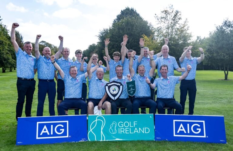Galway Bay team celebrating with the AIG Jimmy Bruen Shield at Thurles Golf Club