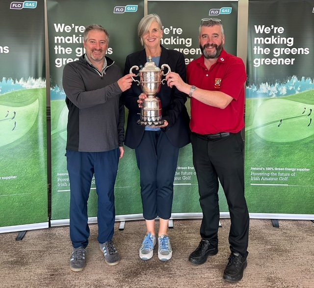 Castlebar Golf Club’s Eoin Henshaw and Michael Kilcourse with the HolmPatrick Cup and Mullingar Lady Captain, Jackie Mills.