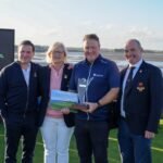 Michael McGeady holding the Sutton 9-Hole Matchplay trophy with Cian Bennis, Jeanne Mahony and Mark Hogan