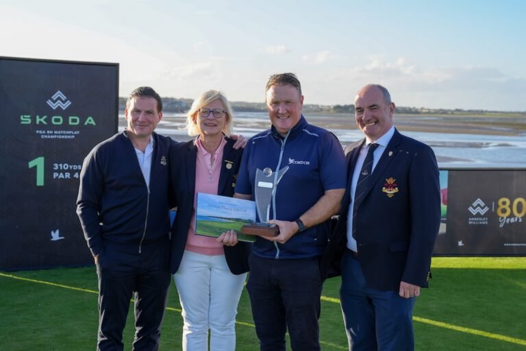 Michael McGeady holding the Sutton 9-Hole Matchplay trophy with Cian Bennis, Jeanne Mahony and Mark Hogan