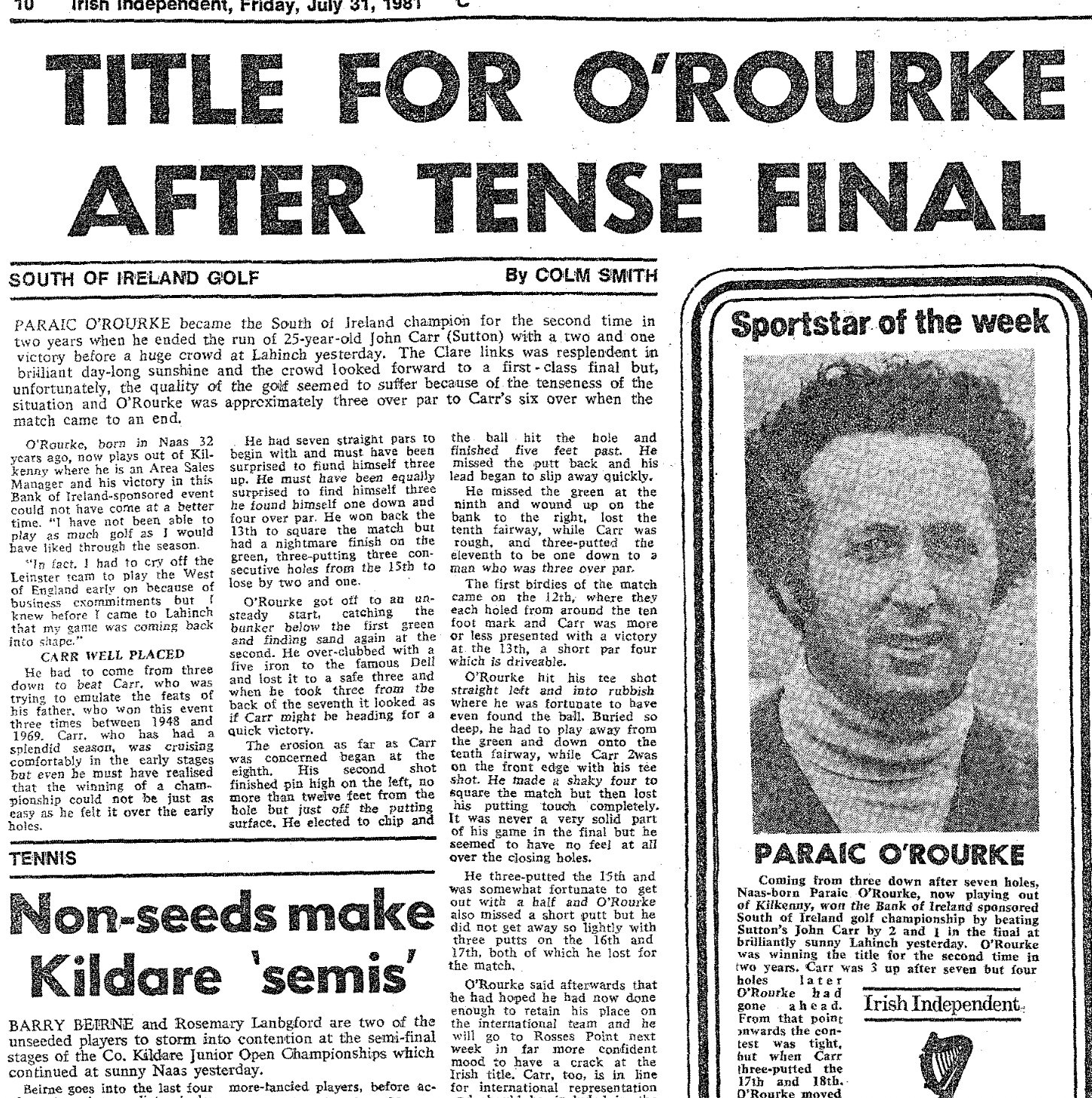 Irish Independent report of Paraic O’Rourke’s 1981 South of Ireland Championship victory