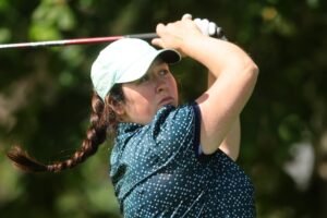 Blacklion’s Shauna Fee following through on a golf shot