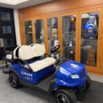 Luke Donald’s blue 2025 Ryder Cup captain’s buggy at Northwestern University