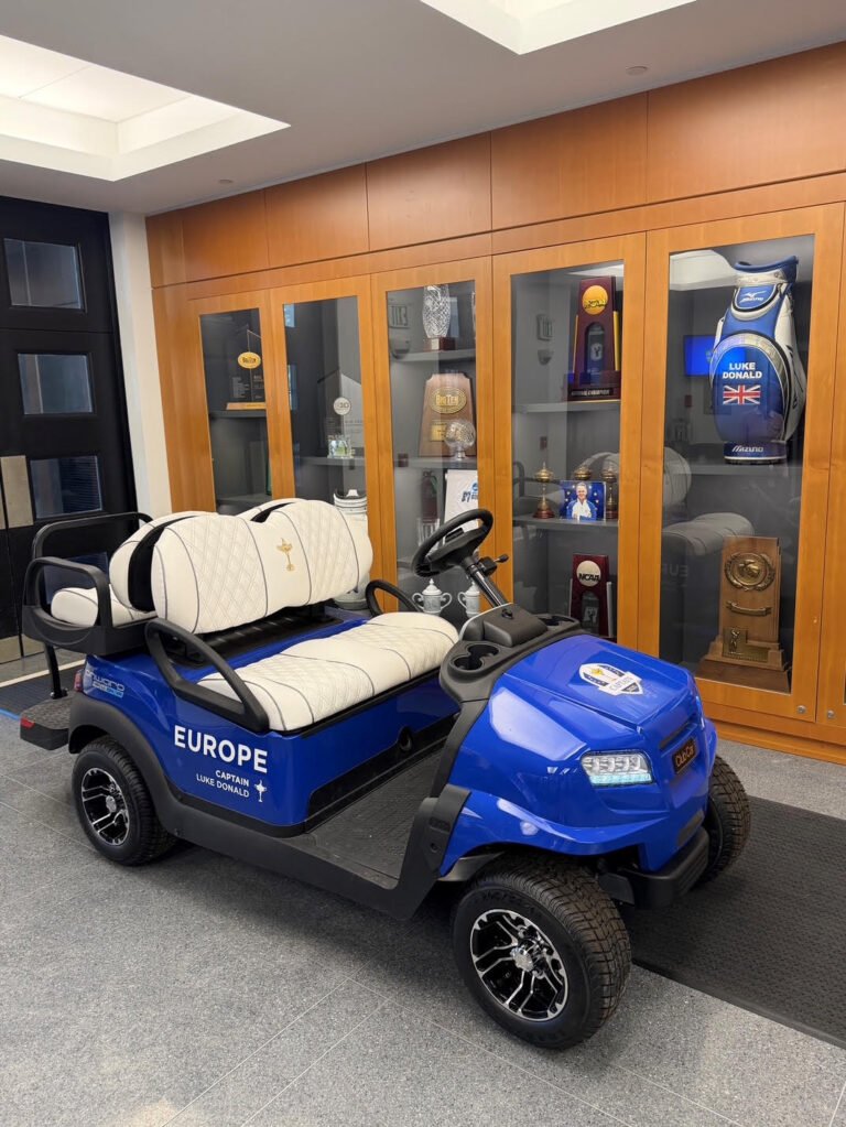 Luke Donald’s blue 2025 Ryder Cup captain’s buggy at Northwestern University